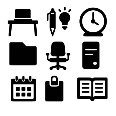 Ofis simgelerinden oluşan bir koleksiyon. Sandalye lambası, saat, ofis koltuğu bilgisayarı da dahil.