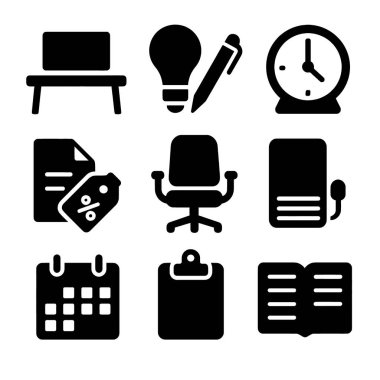 Ofis malzemelerini ve masa lambası kalemini de içeren araçları temsil eden siyah simgelerin bir koleksiyonu