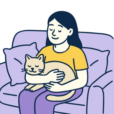 Kanepede oturan biri, nazikçe kucağında kedi, sıcaklık ve şefkat saçan biri.
