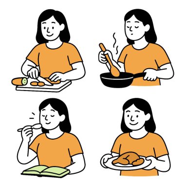 Yemek hazırlayan, yemek pişiren ve kitapla yemek yiyen biri.