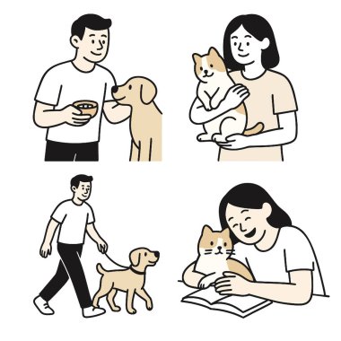 Şefkatli bir evcil hayvan sahibi kediler ve köpeklerle etkileşim içinde, sevgi ve arkadaşlık sergiliyor.