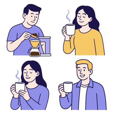 Keyifli bir kahve anı, insanlar gülerek sıcak içecekler hazırlayıp yudumluyorlar.