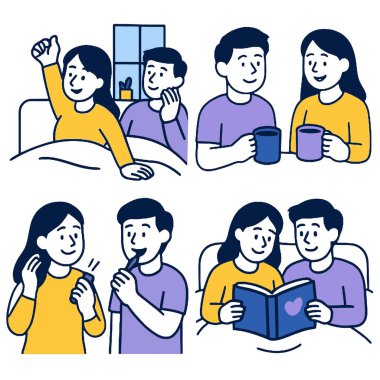 Samimi bir çift sabah rutininin tadını çıkarıyor, kahve içiyor ve birlikte kitap okuyor, mutlu hissediyorlar.