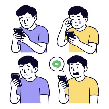 Akıllı telefon kullanırken farklı duygular hisseden, üzüntü ve endişe gösteren bir kişi.