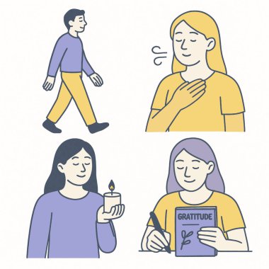 Dikkatli bir yürüyüş, şükran günlüğü, mum meditasyonu, duygusal refah.