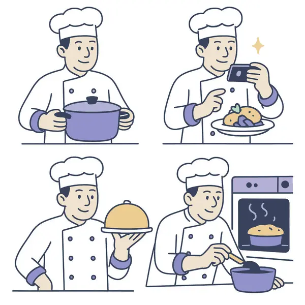 Neşeli bir aşçı mutfak ortamında lezzetli yemekler hazırlıyor ve sunuyor.