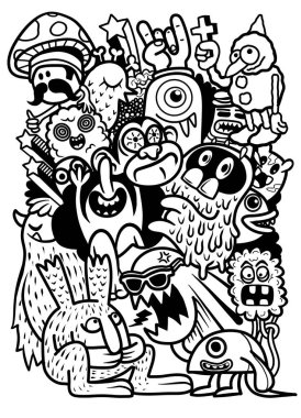 Renkli bir çizgi film canavarları ve yaratıklar şakacı, kaotik düzenleme, çeşitli sergiler