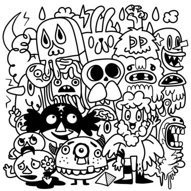 Renkli bir çizgi film karakteri sahneyi dolduruyor, çeşitli tuhaf ve ürkütücü tasarımlar sergiliyor.