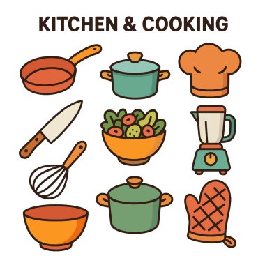 Renkli bir mutfak ve tencere, tava ve çatal bıçak ikonları aşçılık yaratıcılığını çağrıştırıyor.