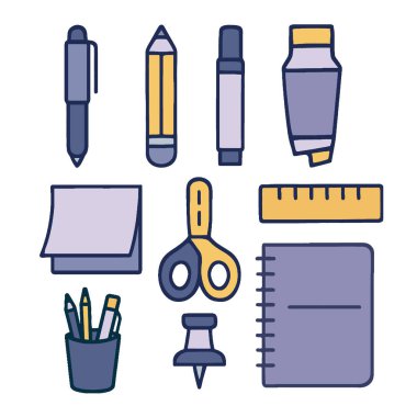 Kalem işaretleyici yapıştırıcı cetvel, makas, yapışkan not defteri ve bas