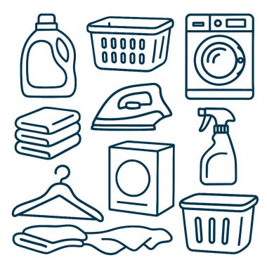 Çamaşır deterjanı, sepet ve demir gibi malzemeler temiz atmosfer yaratır.
