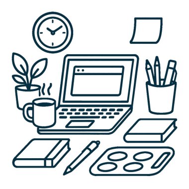 Dizüstü bilgisayar, saat, bitkiler, kahve fincanı, kırtasiye ve kitapların yer aldığı bir çalışma alanı çizimi