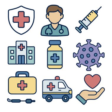 Doktorun, şırınganın, hastanenin, aşının, virüsün, ambulansın ve ilk yardım çantasının yer aldığı ikonlar