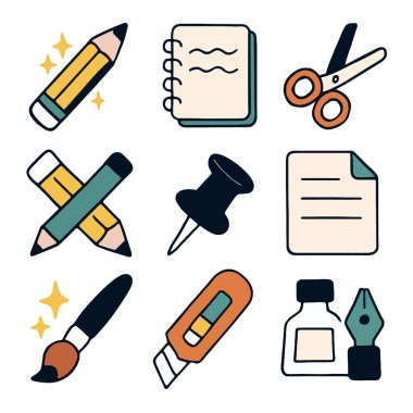 Kalemler, makas ve boya fırçaları içeren yaratıcı araçlar ve kırtasiye simgeleri