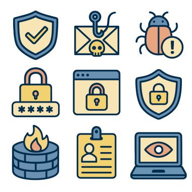 Siber güvenlik kavramlarını temsil eden güvenli simgeler, kalkanlar, kilitler ve uyarılar