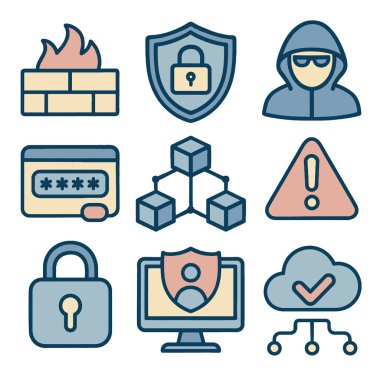 Güvenlik duvarları, kalkanlar ve veri koruması da dahil olmak üzere siber güvenliği temsil eden güvenli simgeler