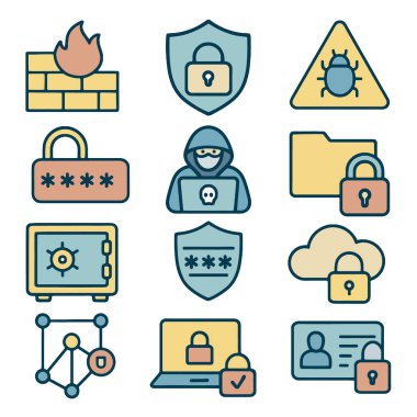 Güvenlik duvarları, kilitler ve hackerlar da dahil olmak üzere siber güvenlik kavramlarını temsil eden güvenli simgeler