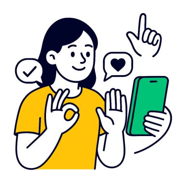 Akıllı telefon kullanan, onaylama ve sevgi jestleri yapan, iletişim kuran bir kişi.