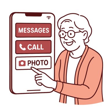 A senior woman using smartphone to access messages, call, and photo features with joy