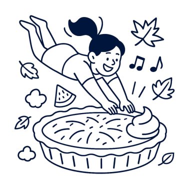 Etrafı yapraklarla ve notalarla çevrili, sonbahar eğlencesini kutlayan bir kız.