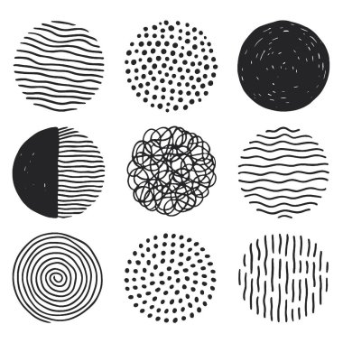 Çeşitli doku ve tasarımlara sahip siyah-beyaz dairesel desenler çizilmiş bir el yaratıcılığı çağrıştırır