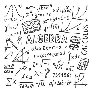 Bir cebir kavramları, denklemler ve semboller çizilmiş el çizimi stili, iletim hissi