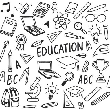 Eğitim temalı karalamalar kitaplar, kalemler ve bilimsel araçlar canlı bir öğrenme yaratır