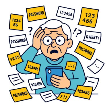 Şifreli ve numaralı yapışkan notlarla çevrili kafası karışmış yaşlı bir adam.