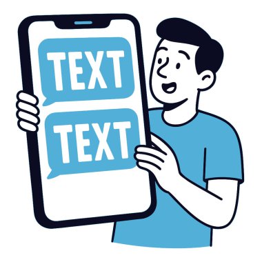 Akıllı telefonu elinde tutan, kısa mesajlar gösteren, heyecan ve nişanı ifade eden biri.