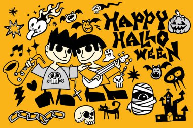 Müzik aletleriyle çevrili iki karakterin yer aldığı mutlu bir cadılar bayramı illüstrasyonu.