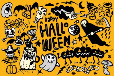 Ürkütücü çizimler ve canlı renklerle dolu mutlu bir cadılar bayramı neşeli bir atmosfer yaratır.