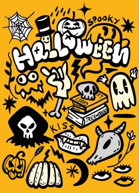 Renkli bir cadılar bayramı karalaması ürkütücü elementlerle eğlenceli bir atmosfer yaratır.