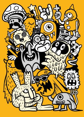 Renkli çizgi film karakterleri ve parlak sarı arka planda oyuncu tasarım canavarlar.