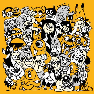 Renkli bir çizgi film karakteri, oyuncu ve kaprisli tasarımların çeşitli görüntülerini sunar.