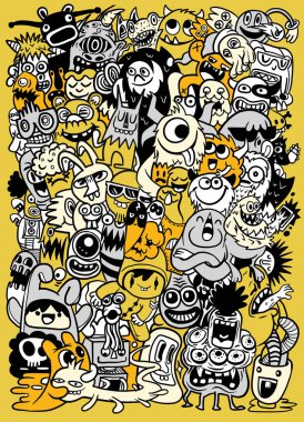 Renkli bir çizgi film karakteri, oyuncu ve kaprisli tasarımların çeşitli görüntülerini sunar.