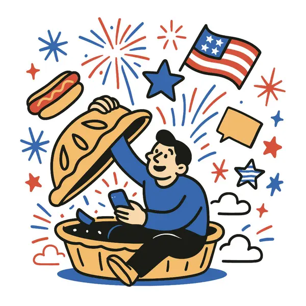Bir adam turtada oturmuş, havai fişeklerle, Amerikan bayrağıyla ve sosisliyle özgürlüğün tadını çıkarıyor.