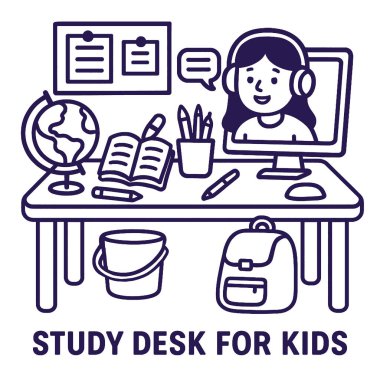 Küre, kitap, bilgisayar ve okul malzemelerinin yer aldığı bir çalışma masası, eğlenceli öğrenme