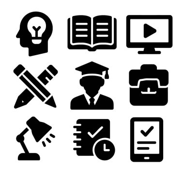 Öğrenme, bilgi ve öğrenim araçlarını temsil eden bir eğitim simgeleri koleksiyonu