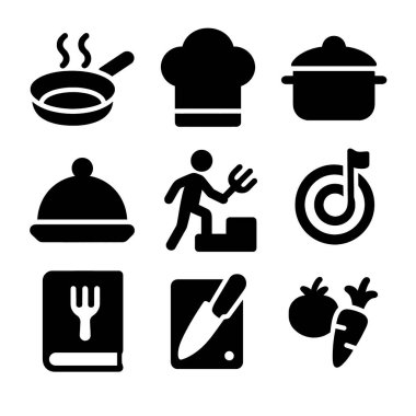 Yemek ikonları aşçısı şapkası kızartma tenceresi mutfak aletleri yemek tarifi sebzeleri servis ediyor.