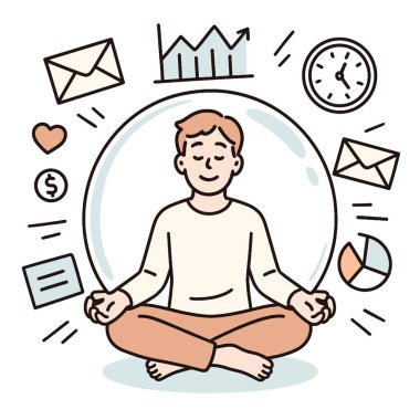 Üretkenliği, zaman yönetimini ve finansmanı temsil eden ikonlarla meditasyon yapan düşünceli bir adam.