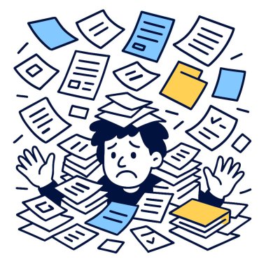 Evrak işleriyle boğulmuş, stres ve kafa karışıklığını ifade eden biri.