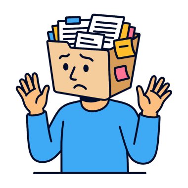 Kafasında kutu olan, kafası karışmış ve evrak işleriyle boğulmuş biri.