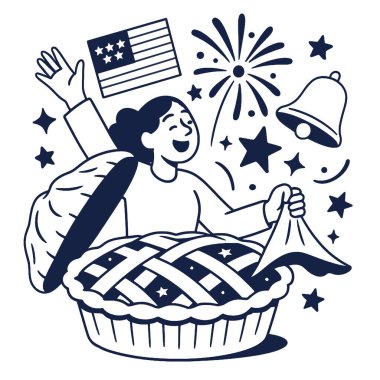 Havai fişeklerle turtadan çıkan neşeli insanın yer aldığı bir boyama sanatı ile bir kutlama.