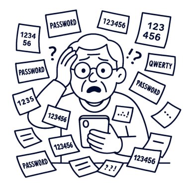 Parolaları ve numaraları olan notlarla çevrili hayal kırıklığına uğramış bir insan, onları hatırlamaya çabalıyor.