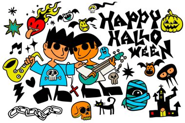 Neşeli karakterleri, ürkütücü unsurları ve canlı renkleri olan mutlu bir cadılar bayramı.