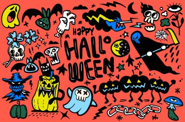 Hayaletlerin, yarasaların ve ürkütücü elementlerin renkli resimleriyle dolu mutlu bir cadılar bayramı.