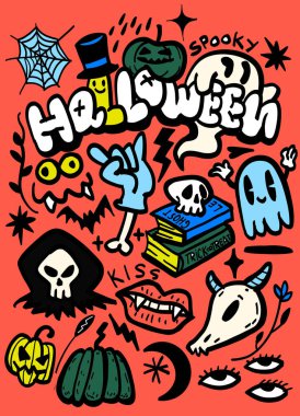 Hayaletlerin, balkabaklarının ve eğlenceli tasarımların yer aldığı ürkütücü bir cadılar bayramı çizimi.