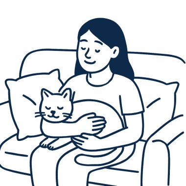 Bir insan koltukta oturuyor, kediyi nazikçe kollarına alıyor, sıcaklık ve şefkat saçıyor.