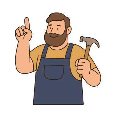 Çekiçli neşeli bir adam parmağını kaldırır ve işaret eder. Sarı üzerine mavi önlük giyiyor.