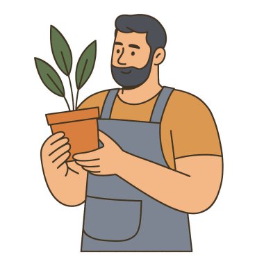 Bir bahçıvan saksı bitkisi tutuyor, bahçe işlerine ilgi ve tutku gösteriyor.